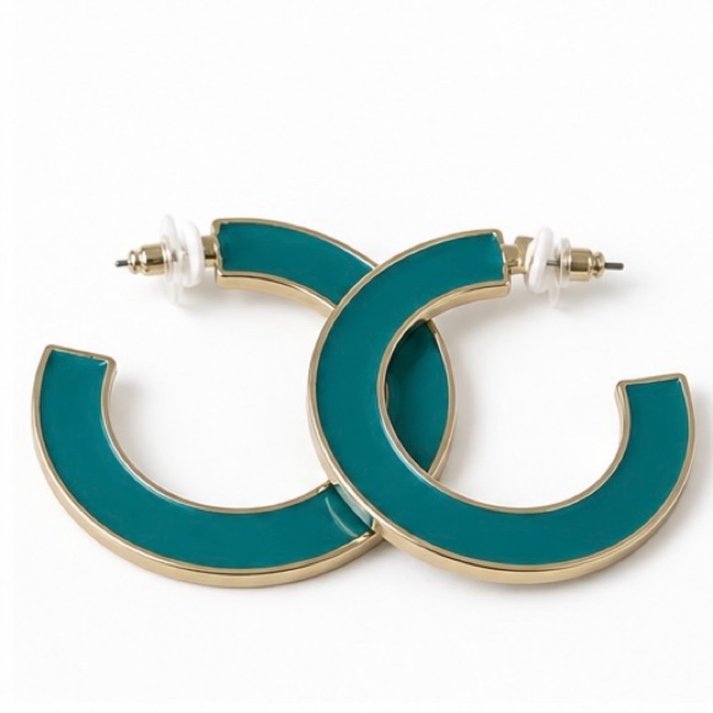Marlyn Schiff Teal Enamel Hoop Earrings Gold Tone Statement Hoops NWT - Picture 2 of 3